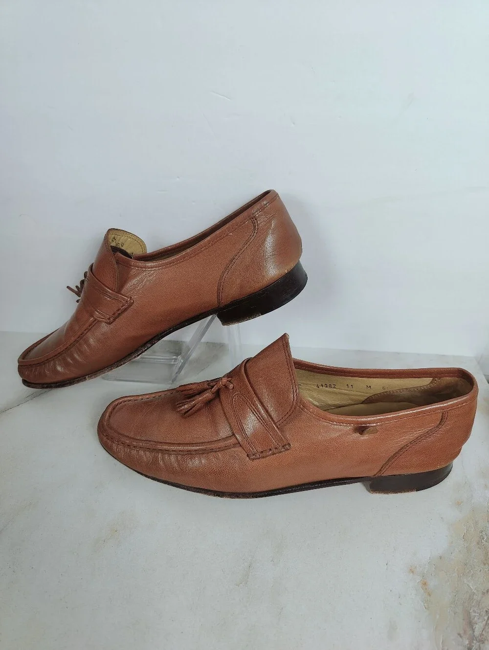 VTG French Shriner Men's Brown Leather Tassel Loafers Moc Toe, Sz 11